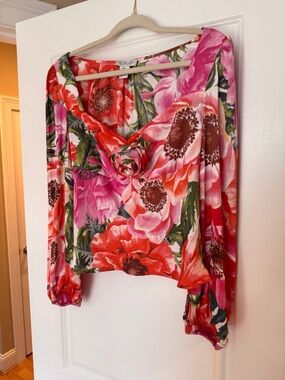 Rachel Zoe Pink & Red Floral V-Neck Blouse with Rosette